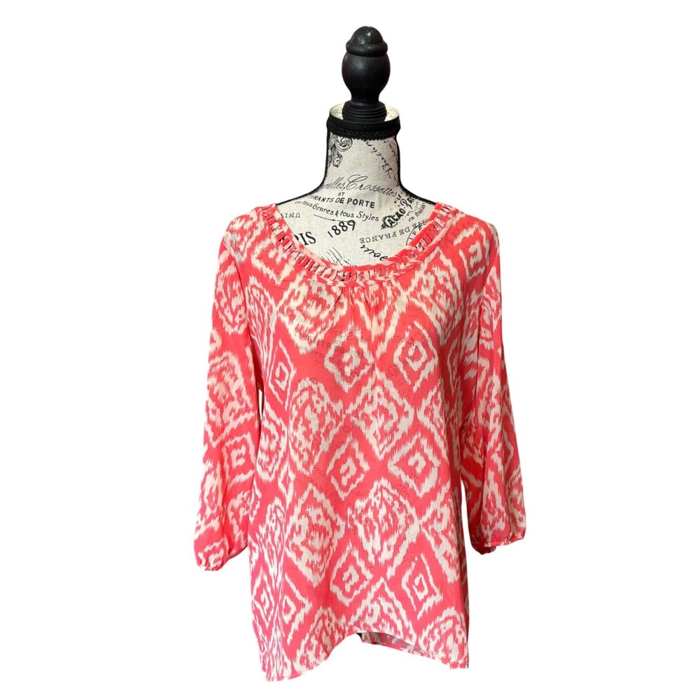 Studio Y Womens Coralā White Ikat Diamond Blouse 3/4 Sleeve Lattice Back Medium